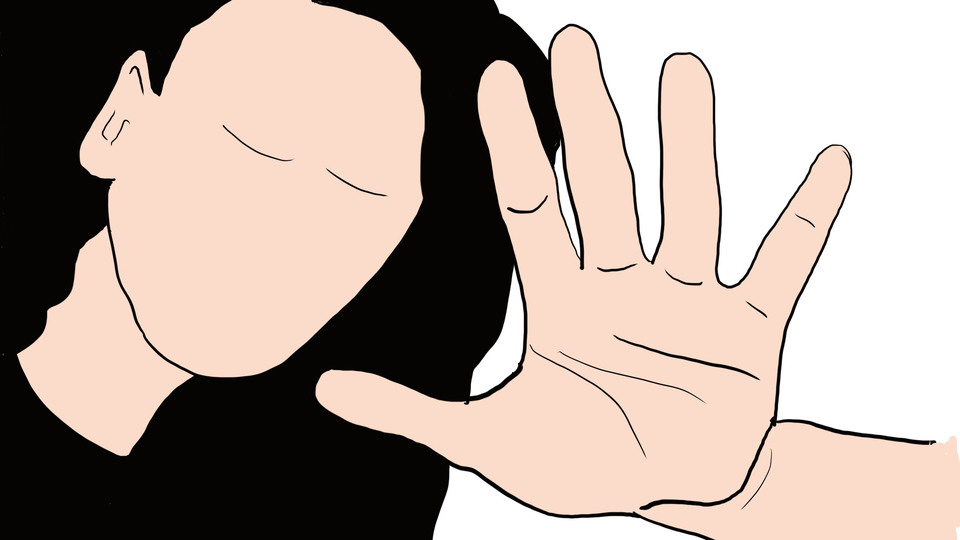 Illustration med en kvinna som skyddar sig genom att hålla upp en hand framför sig