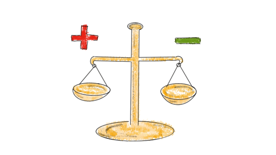 Illustration som visar en våg med två vågskålar. Den ena vågskålen representerar det som är positivt och den andra vågskålen representerar det som är negativt.