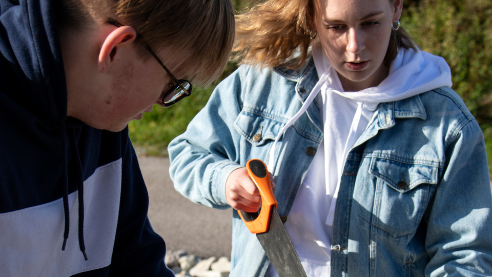 Daniel Karlsen och Emilia Nätt samarbetar kring att göra en fågelholk på Skolans dag 2020. 