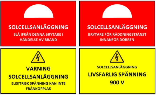 Skylt för brytare och spänningsförande delar, räddningstjänsten storgöteborg 2019.